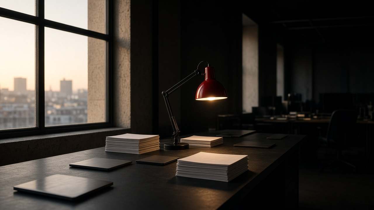 An empty newsroom desk at dawn with stacked papers and a red desk lamp