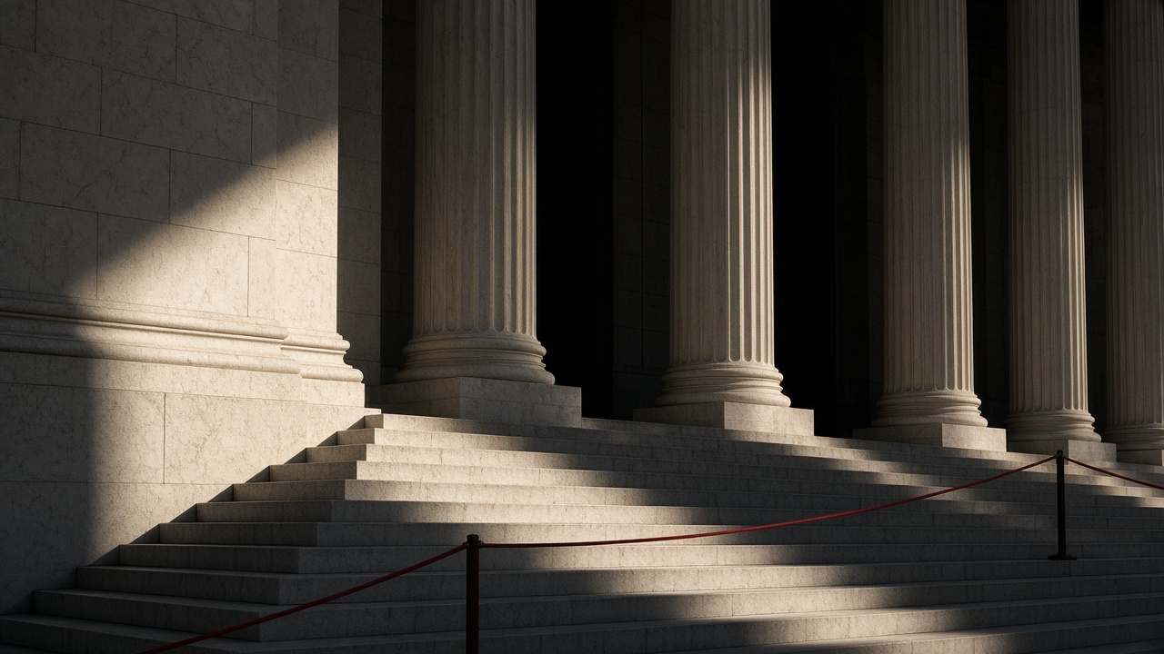 Stone courthouse columns and steps in raking light behind a red rope barrier