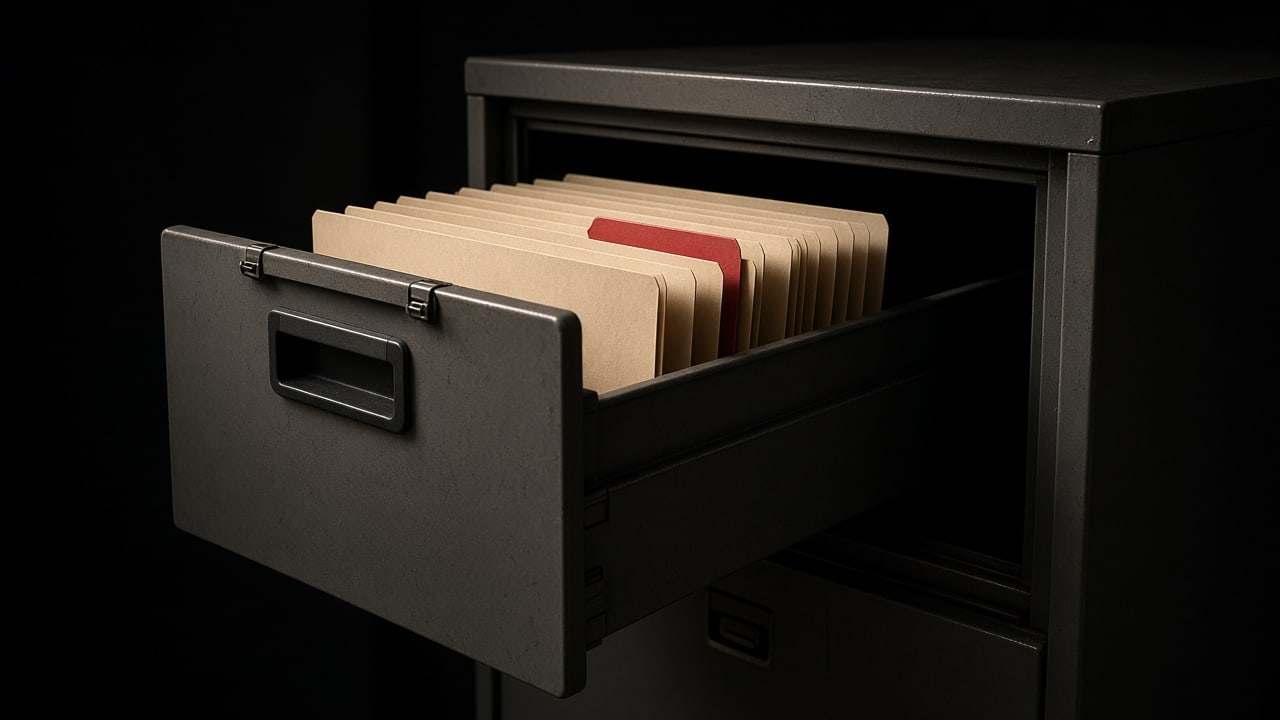 An open filing-cabinet drawer of blank manila folders, one with a red tab