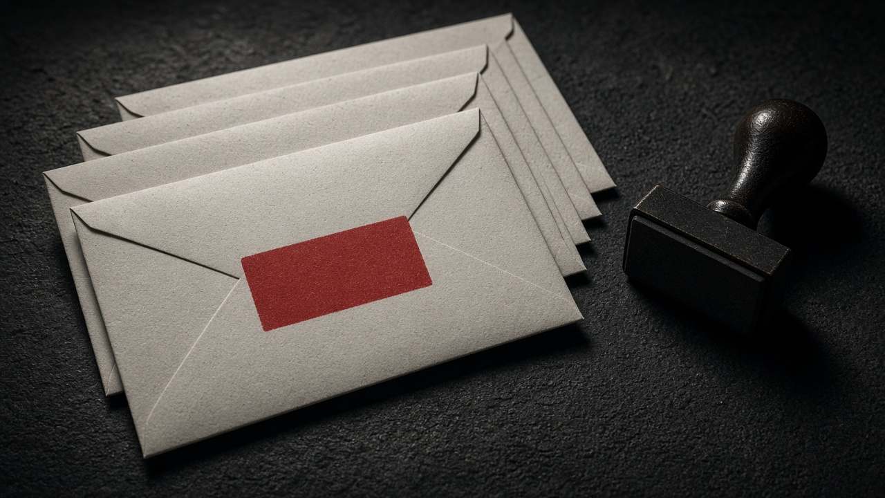 Plain envelopes, one marked with a red block, beside a rubber stamp