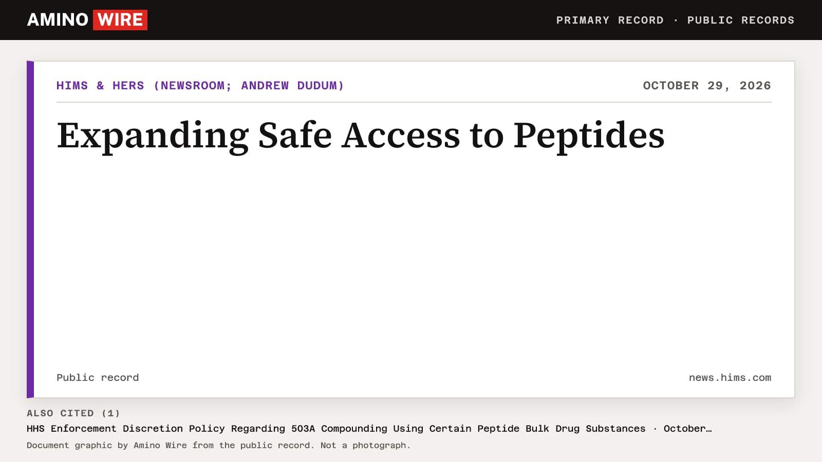 Document graphic of the Public record titled "Expanding Safe Access to Peptides" from Hims & Hers (newsroom; Andrew Dudum), dated October 29, 2026, and 1 more cited record listed below it.