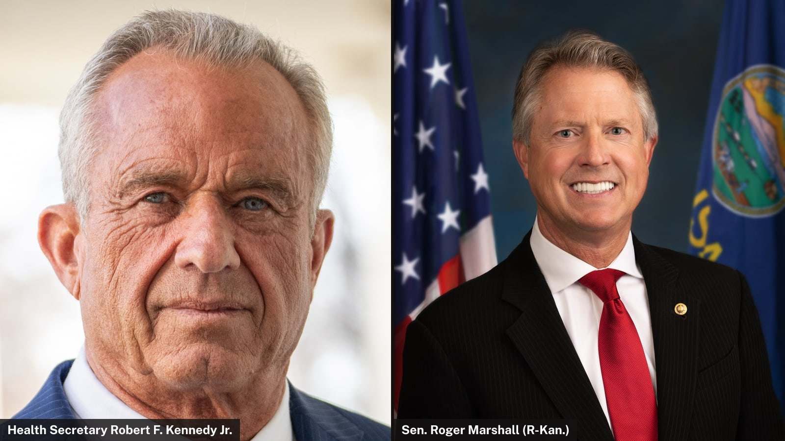 Two official U.S. government portraits side by side: Health and Human Services Secretary Robert F. Kennedy Jr. on the left and Sen. Roger Marshall of Kansas on the right, each labeled with name and title