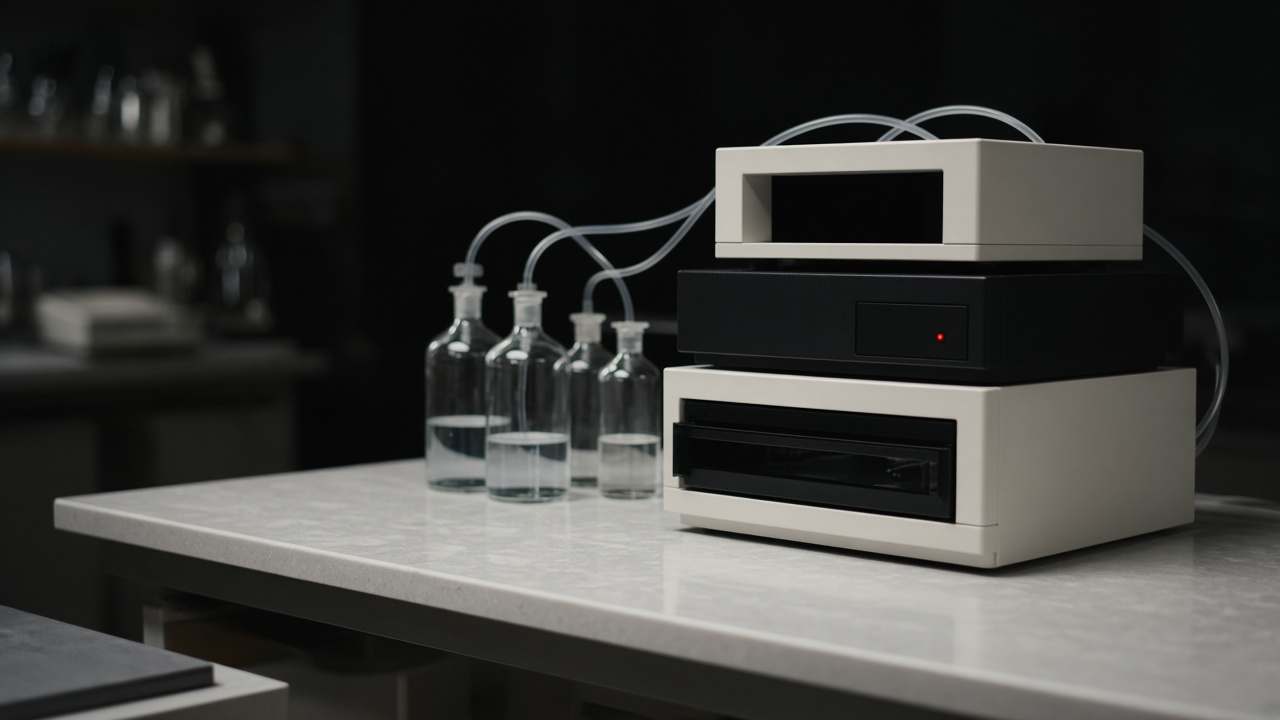 A generic chromatography instrument with solvent bottles on a lab bench