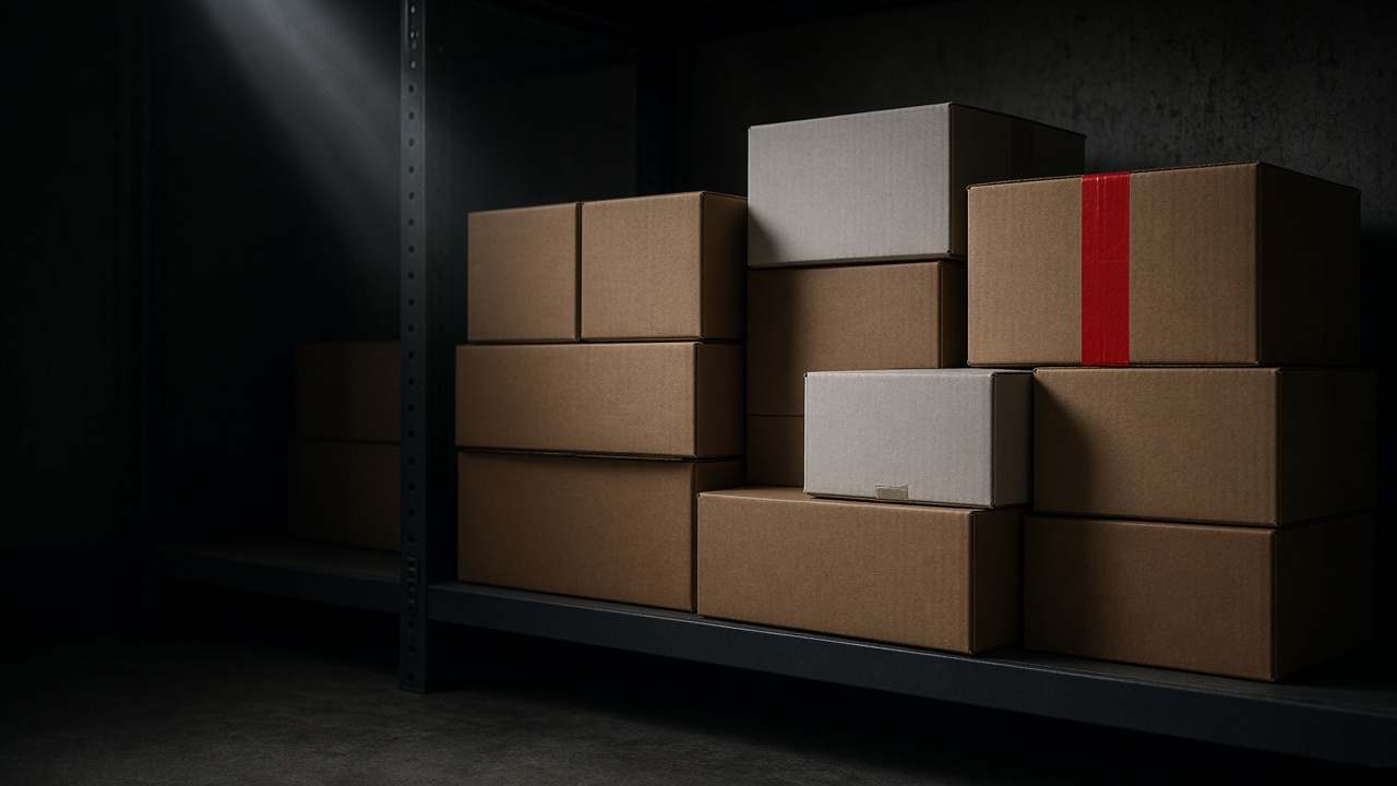 Unmarked shipping boxes on a dark warehouse shelf, one sealed with red tape