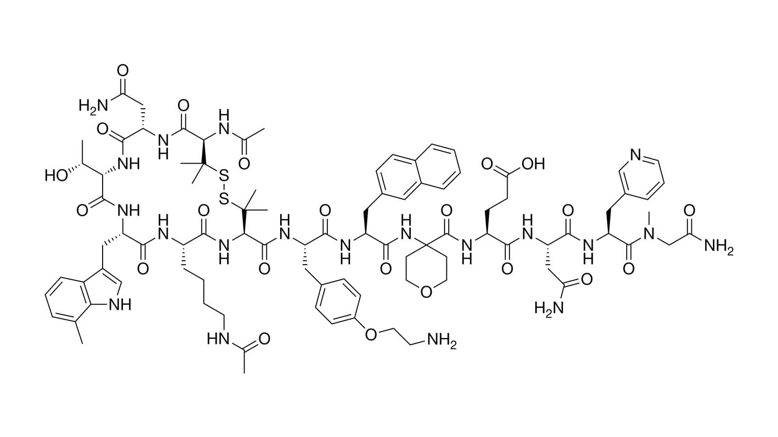 Line drawing of the chemical structure of icotrokinra: a chain of amino acid units, part of it closed into a ring by a sulfur-sulfur bond, in black on white.