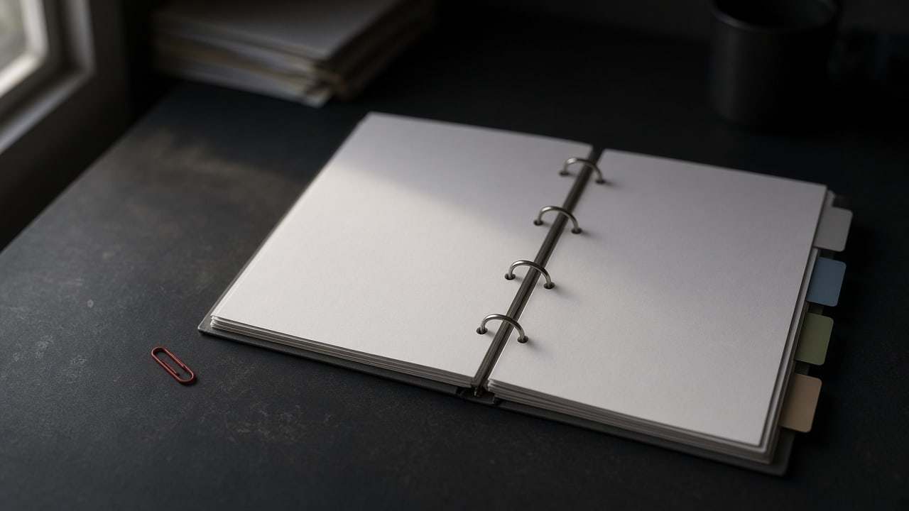 An open ring binder of blank pages with colored index tabs and a red paperclip on a dark desk