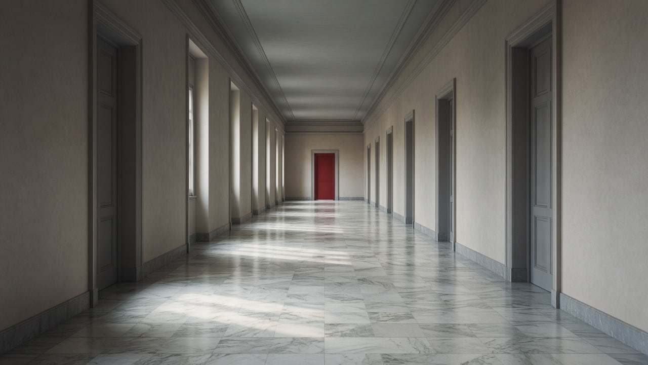 An empty government corridor with tall plain doors and a red door at the far end
