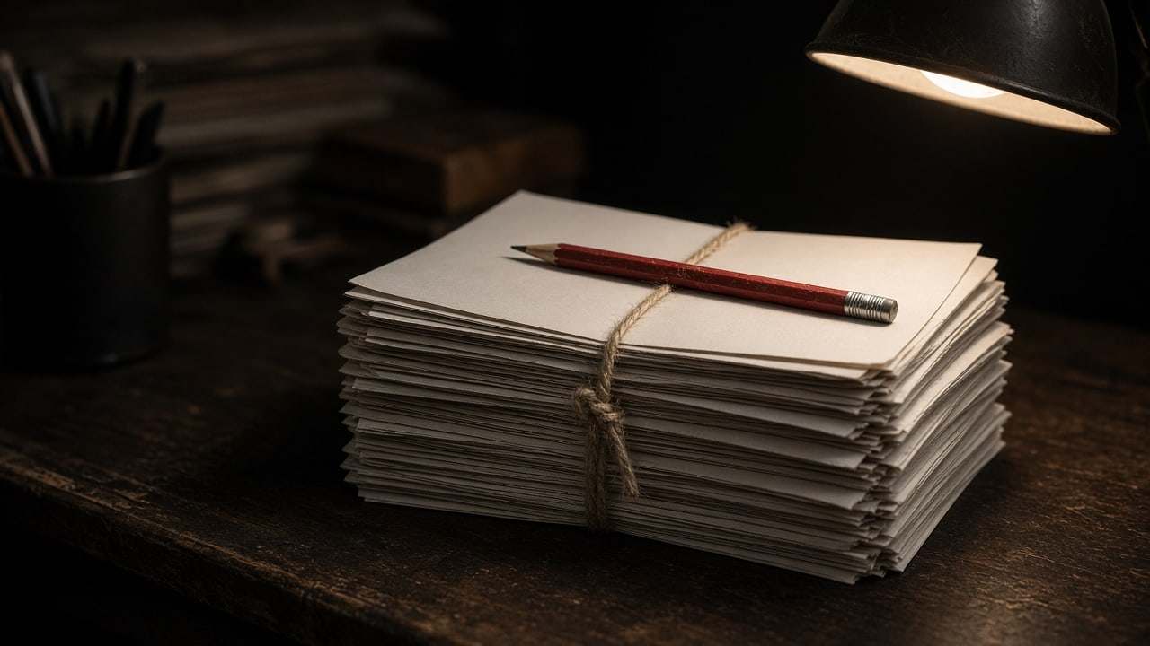 A stack of blank newsprint tied with string under a desk lamp, a red pencil on top