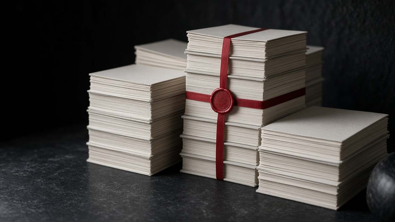 Stacks of blank documents, one bundle tied with red ribbon and a plain wax seal
