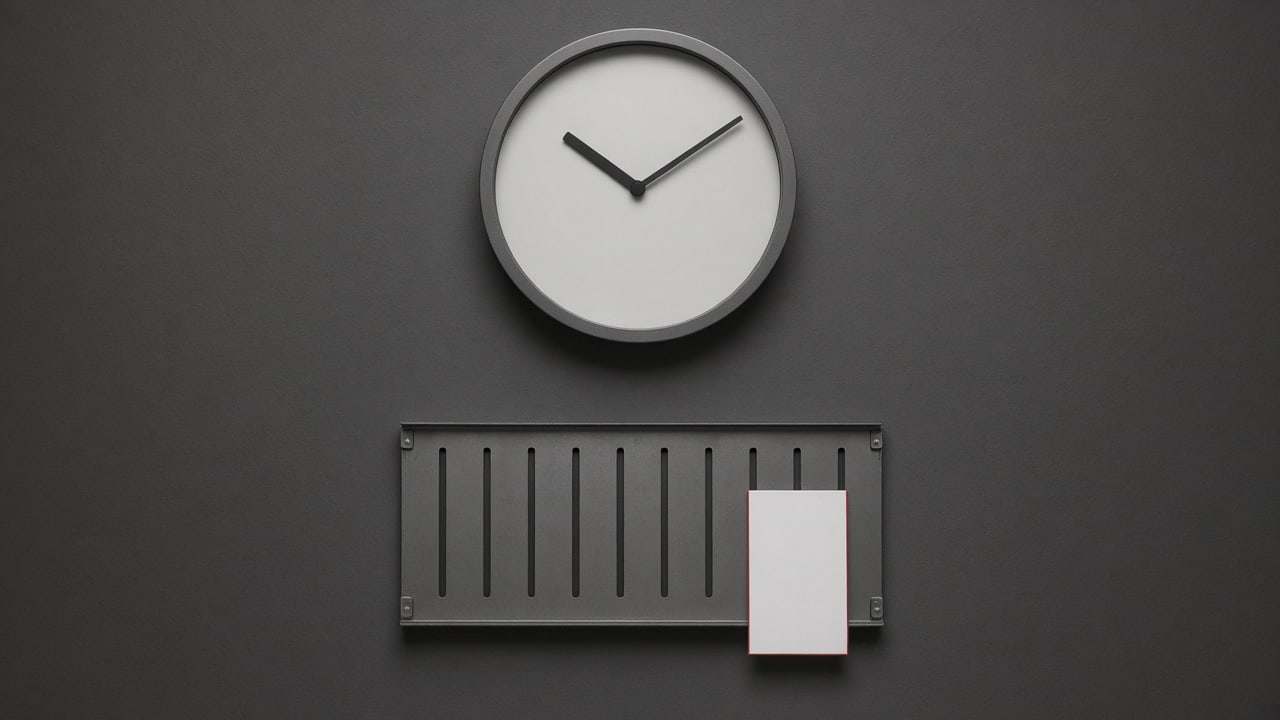 A plain wall clock above a card rack holding a single blank card with a red edge