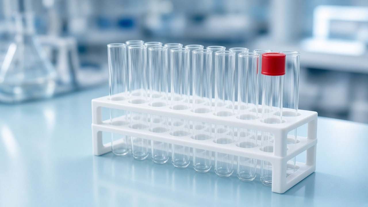 Empty glass test tubes in a white rack on a lab bench, one with a red cap