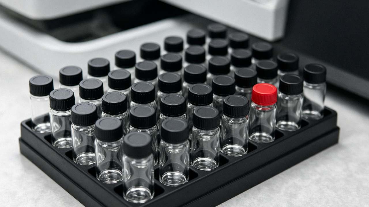 Rows of unlabeled glass sample vials in an instrument tray, one with a red cap